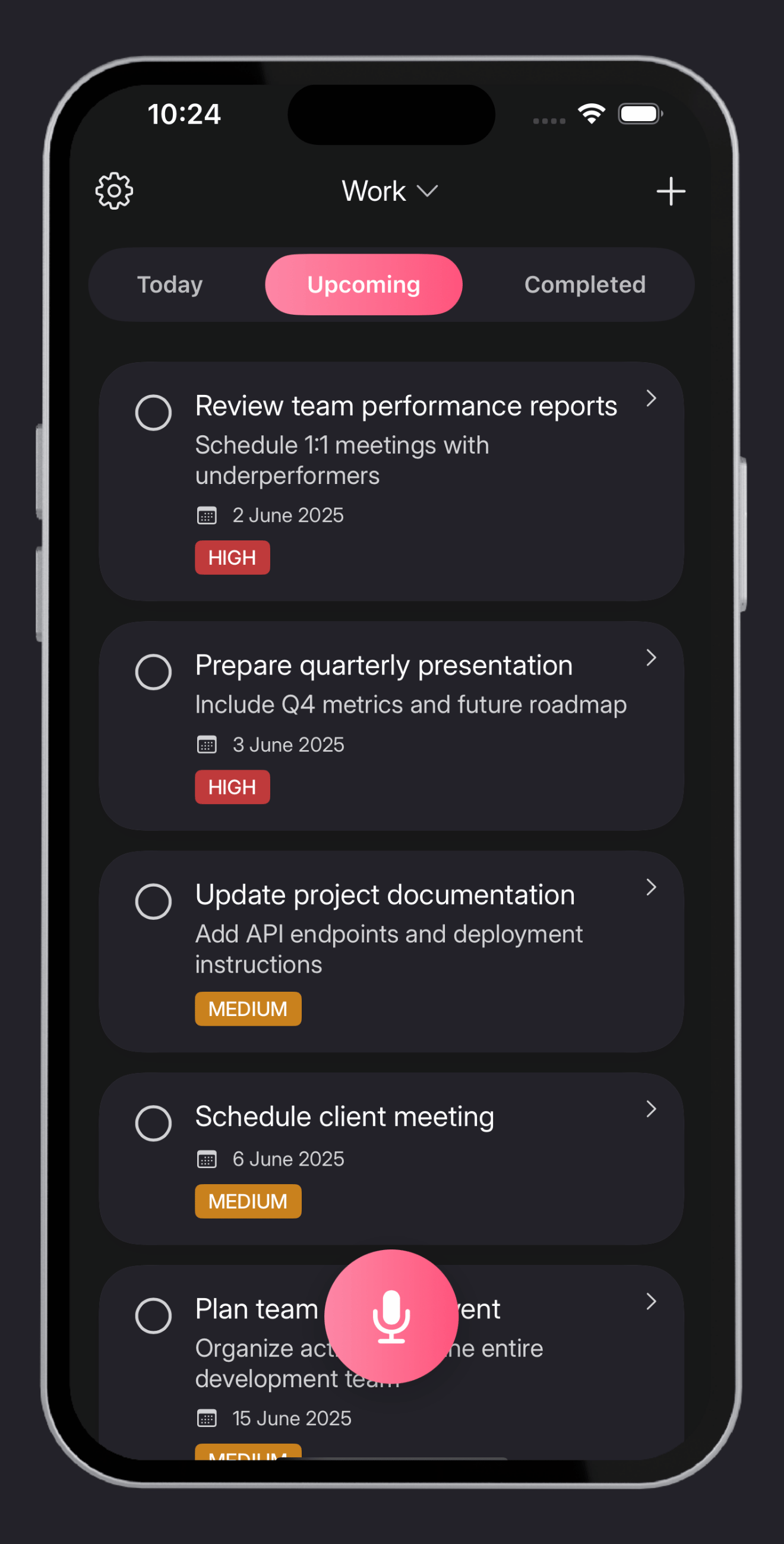 Tasks list UI with tabs