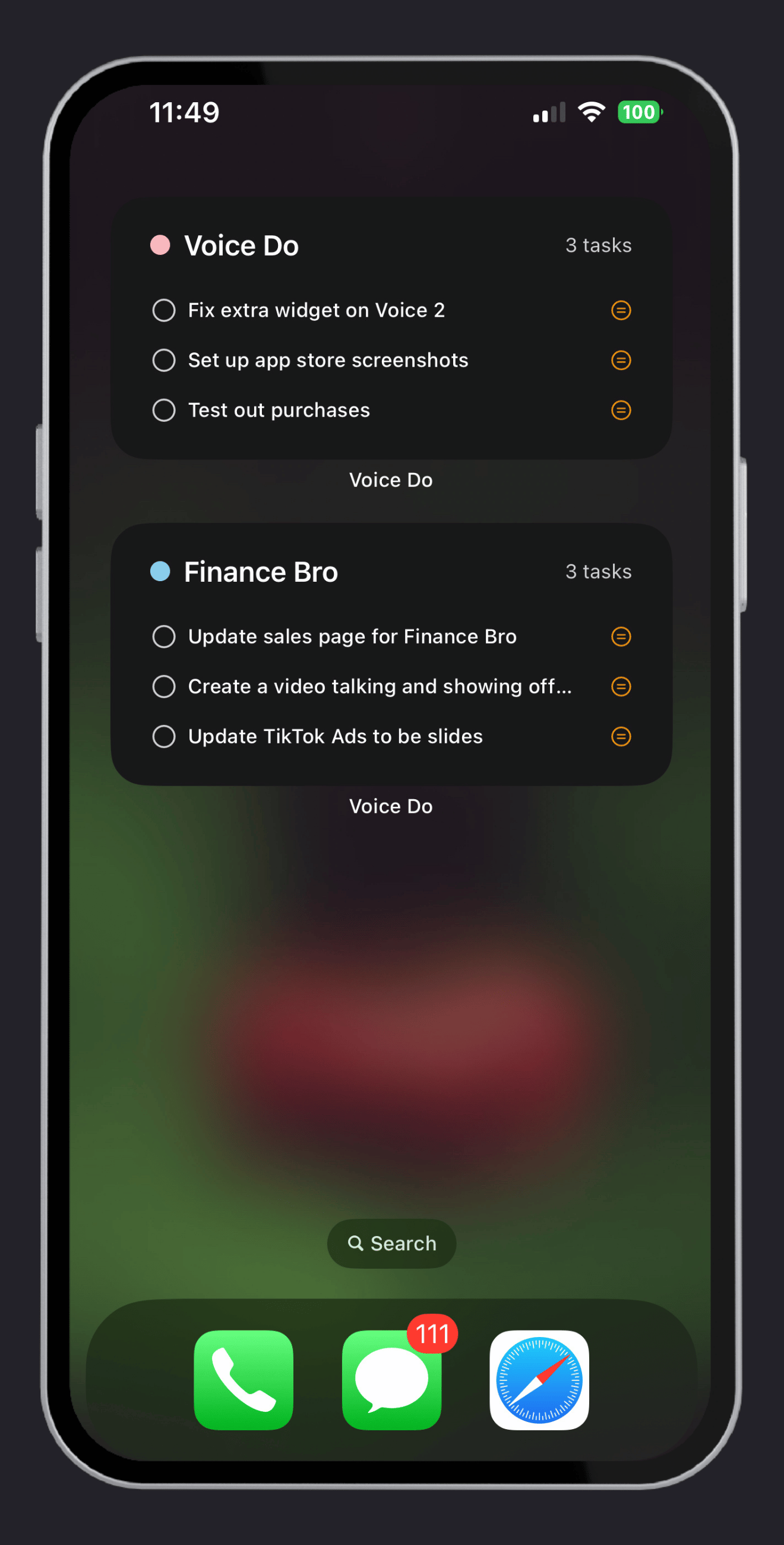 Homescreen widgets for quick task completion